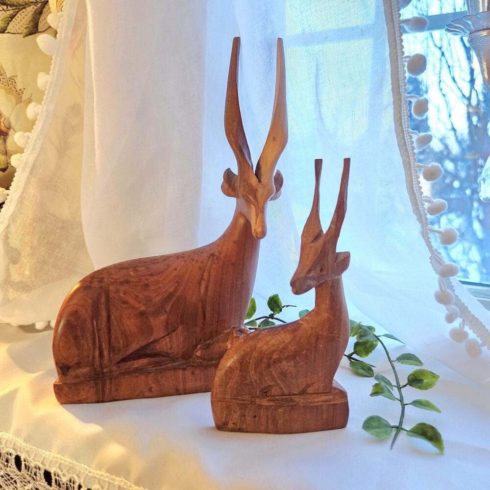 MCM African Impala Gazelle Mahogany Carved Sculptures PAIR & Bonus Flawed Deer